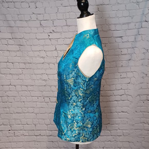 Dragon Brocade Turquoise & Gold Vietnamese Blouse Medium - Picture 6 of 10